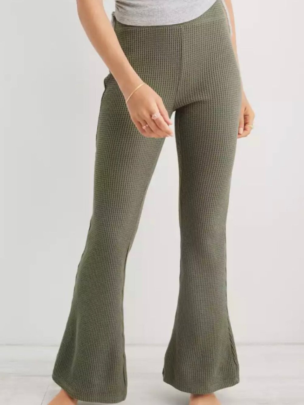 Aerie Olive Green High Waist Waffle Knit Flare Leg Lounge Pants Women's S SHORT